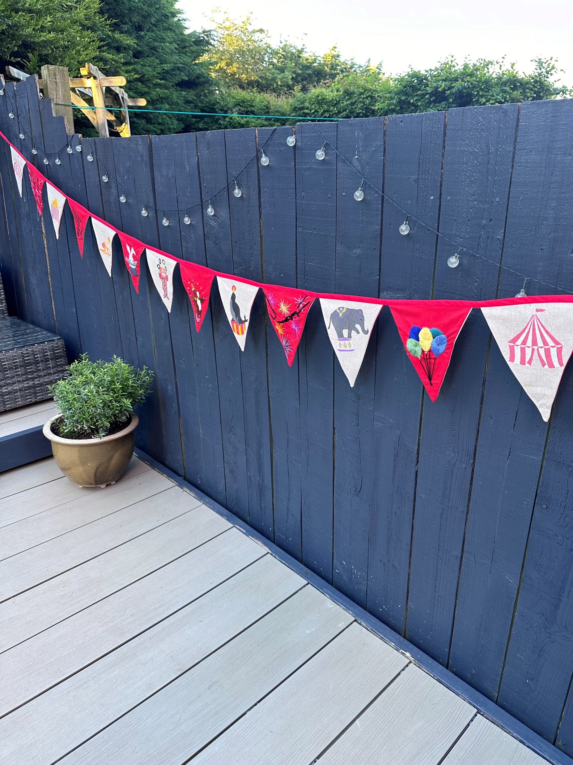 Screen-printed and embroidered carnival bunting